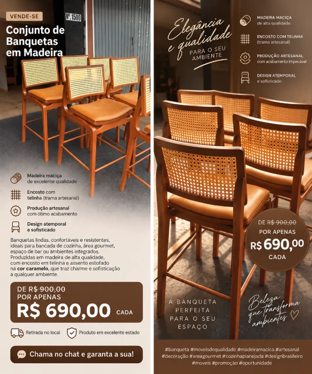 BANQUETAS DE MADEIRA MACIÇA COM TELINHA - PROMOÇÃO