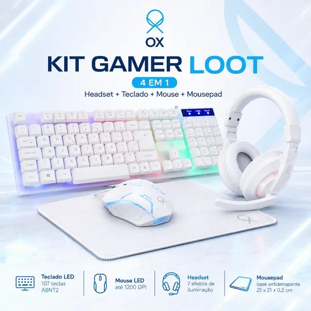 Kit Gamer OX Loot com Headset + Teclado + Mouse 1200DPI + Mousepad Branco