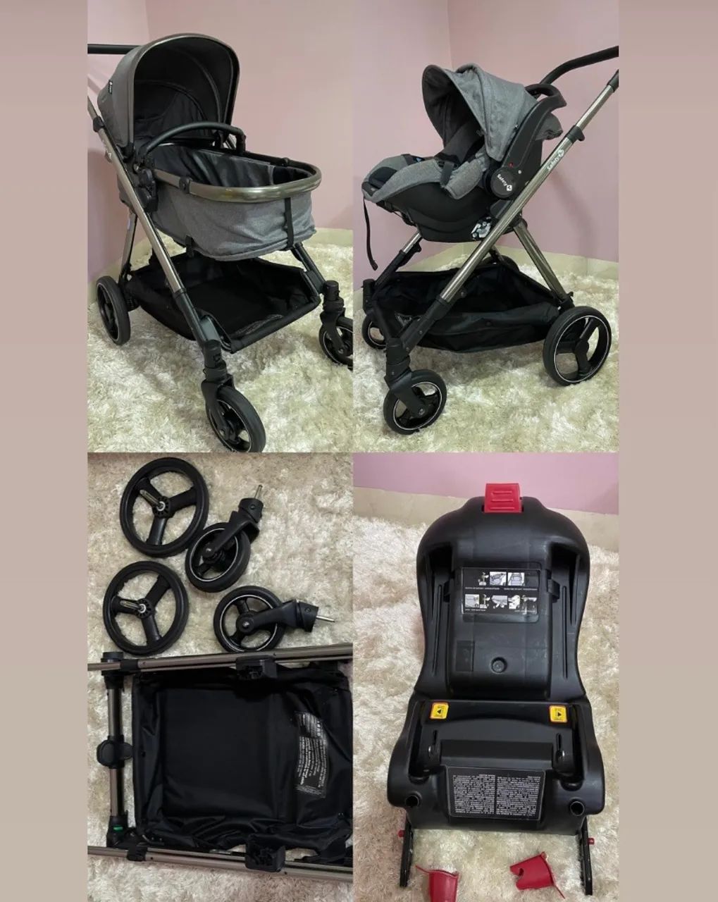 Carrinho, base isofix  e bebê conforto 