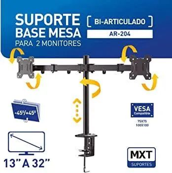 Suporte MXT Bi-Articulado para 2 monitores 13" à 32" - Gtech - Foto 2