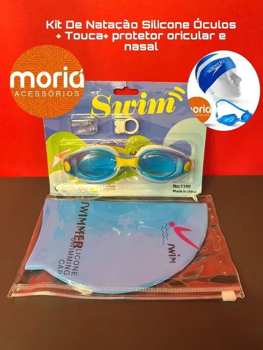 Kit De Natação Silicone Óculos + Touca+ protetor oricular e nasal, azul e Rosa  - Foto 2