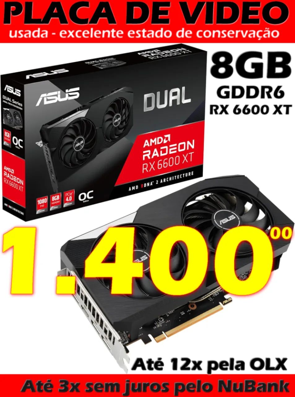 ASUS AMD Radeon RX 6600 XT Dual 中古 Placa De Vídeo Asus Dual AMD RX6600XT 8GB KaBuM