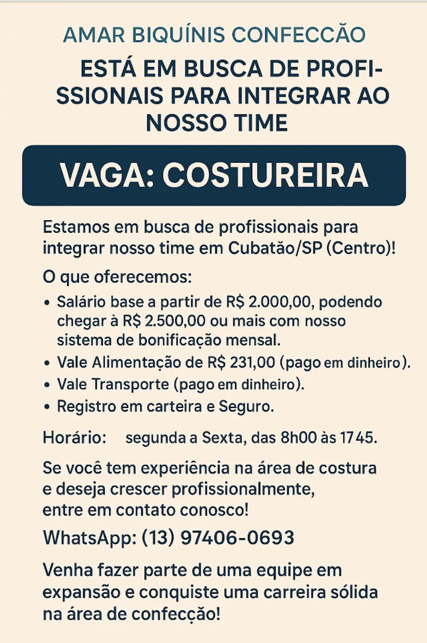 VAGA: COSTUREIRA