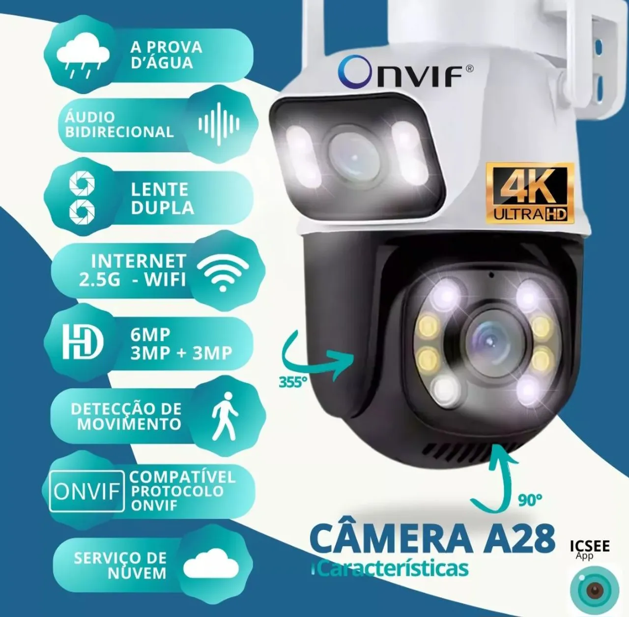 Câmera de Segurança A28 - 4K, Wi-Fi, Visão Noturna e uma caixa sobrepor