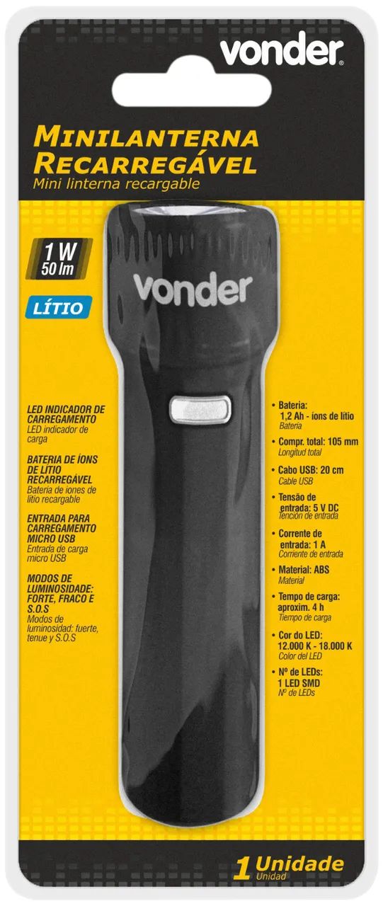 Lanterna recarregável mini, 50 lúmens, bateria de lítio, VONDER  - Foto 2