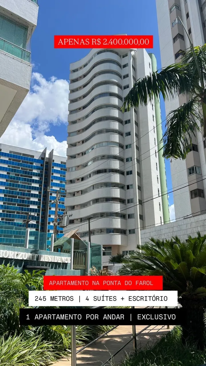 Vendo apartamento na Ponta do Farol 245m2 andar baixo R$2.400.000