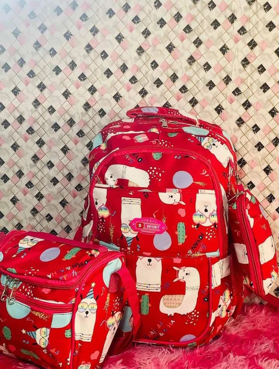 Mochila Escolar Infantil Lhama e Urso + Lancheira