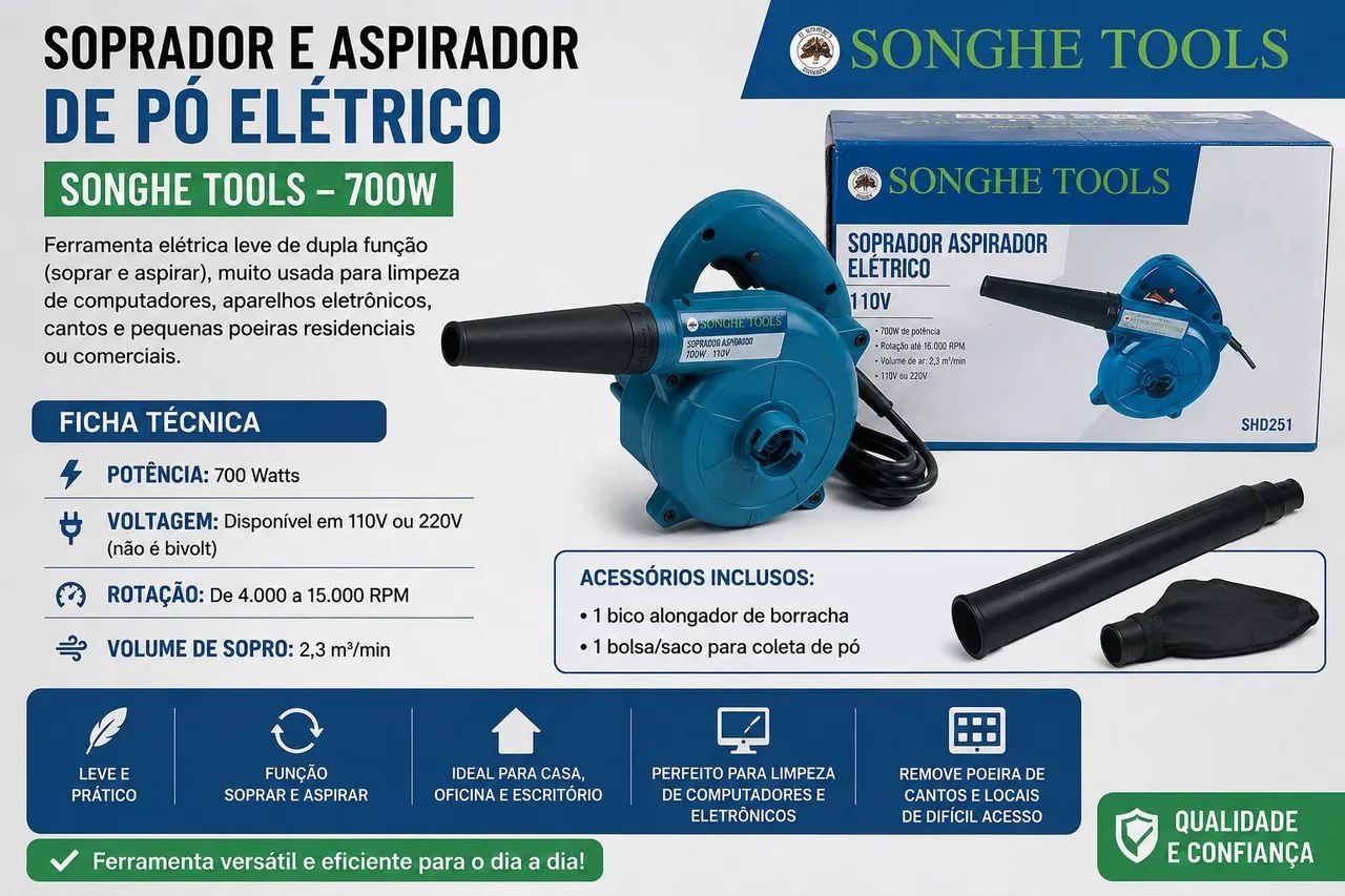 Aspirador e soprador elétrico de 700w