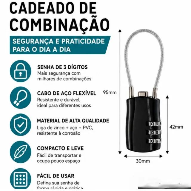 Cadeado Com Senha E Cabo De Aço Flexível - Foto 4