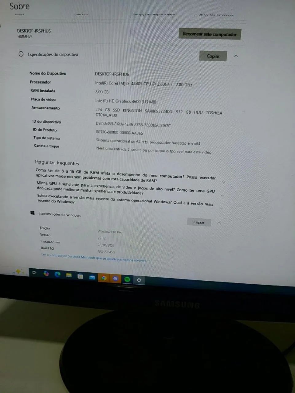 PC Completo Samsung 21" + i5 + SSD + HD 1TB + Teclado e Mouse
