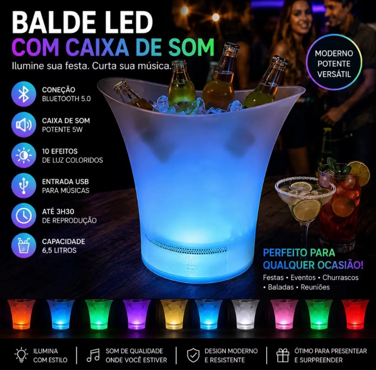 Balde de bebida com caixa de som e led 