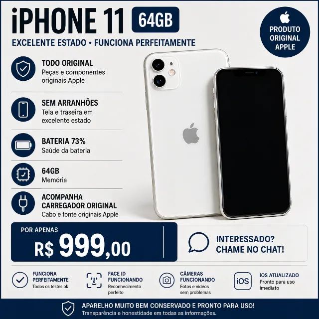 IPHONE 11 64GB BRANCO - TODO ORIGINAL - EXCELENTE ESTADO