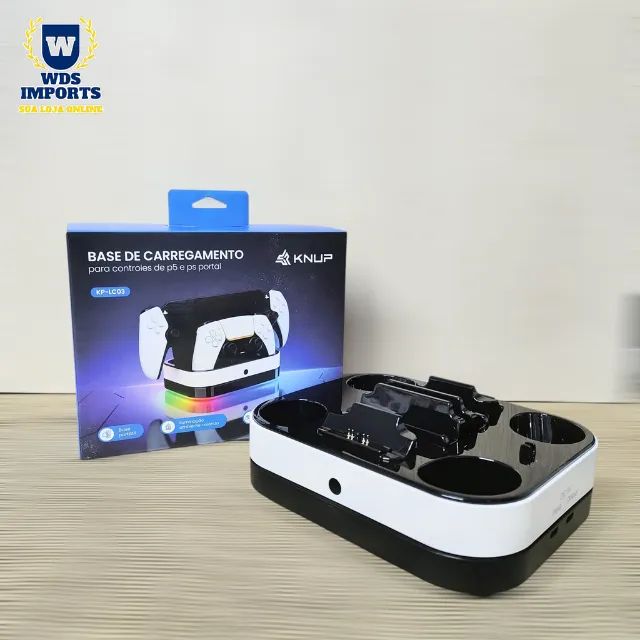 Base Carregadora Controle PS5 USB Tipo C LED RGB Carrega 3 Dispositivos