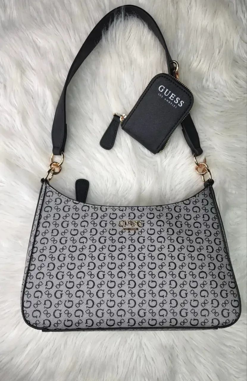 bolsa de ombro Guess com em cinza e preto,pequeno porta-moedas acoplado - Foto 3