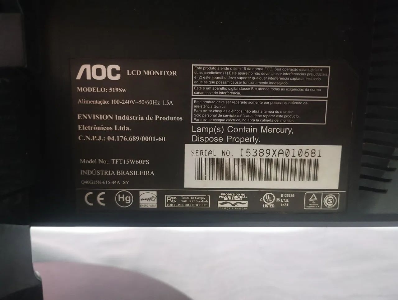 Monitor AOC 15" (519Sw) - COM DEFEITO (Para retirada de peças) - Foto 3