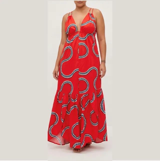 Vestido de Alças Longo Estampado Vermelho