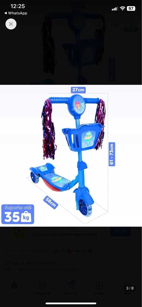 PATINET INFANTIL 3 RODAS COM LED 