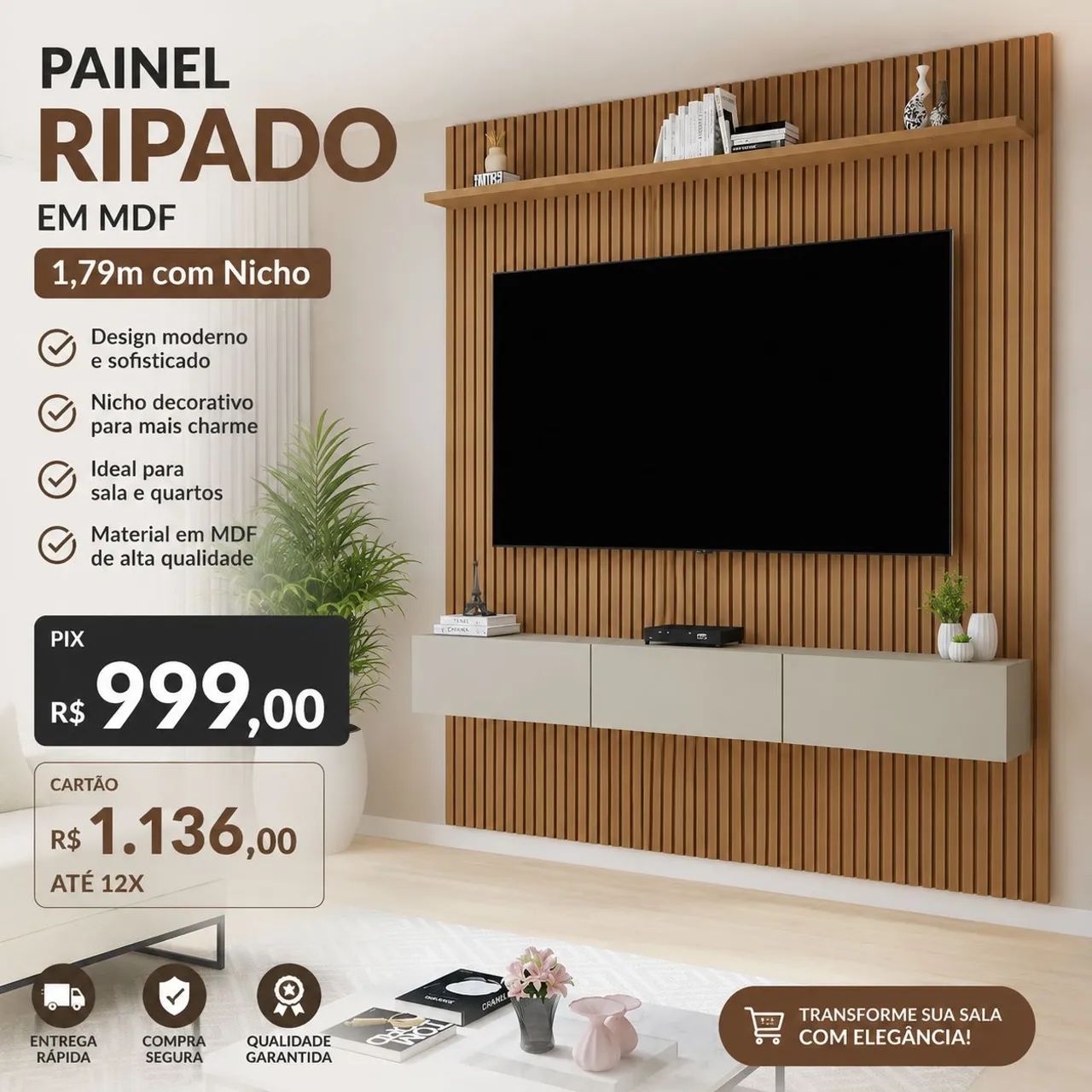 Painel ripado MDF 1,80 de largura TV até 70 polegadas 