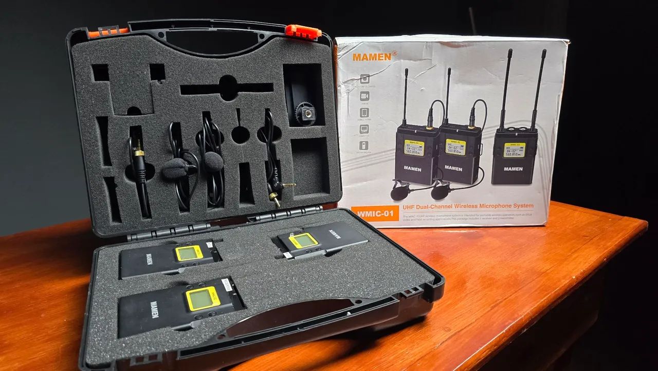 Microfone Lapela Duplo Sem Fio Para Celular E Câmeras Mamen c/ case