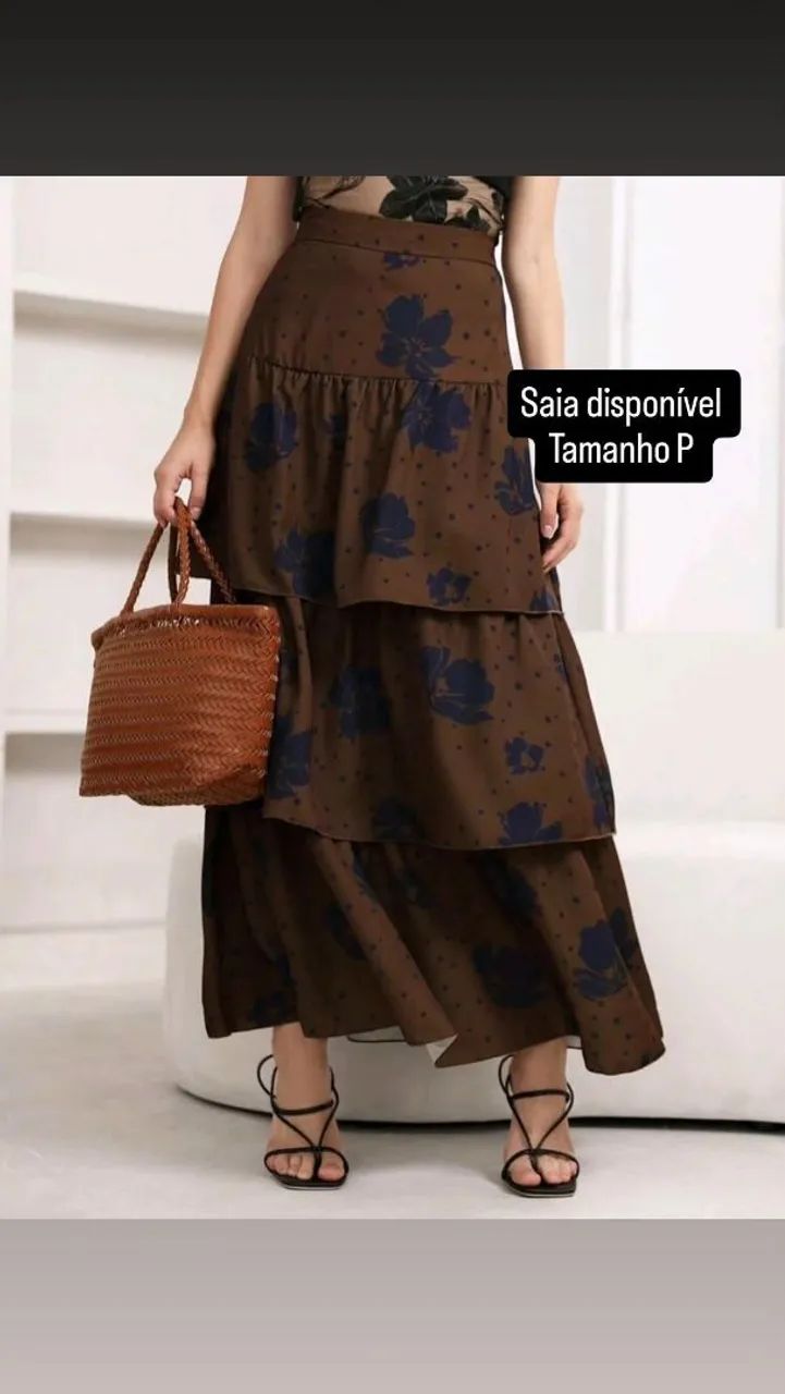 Saia midi marrom floral