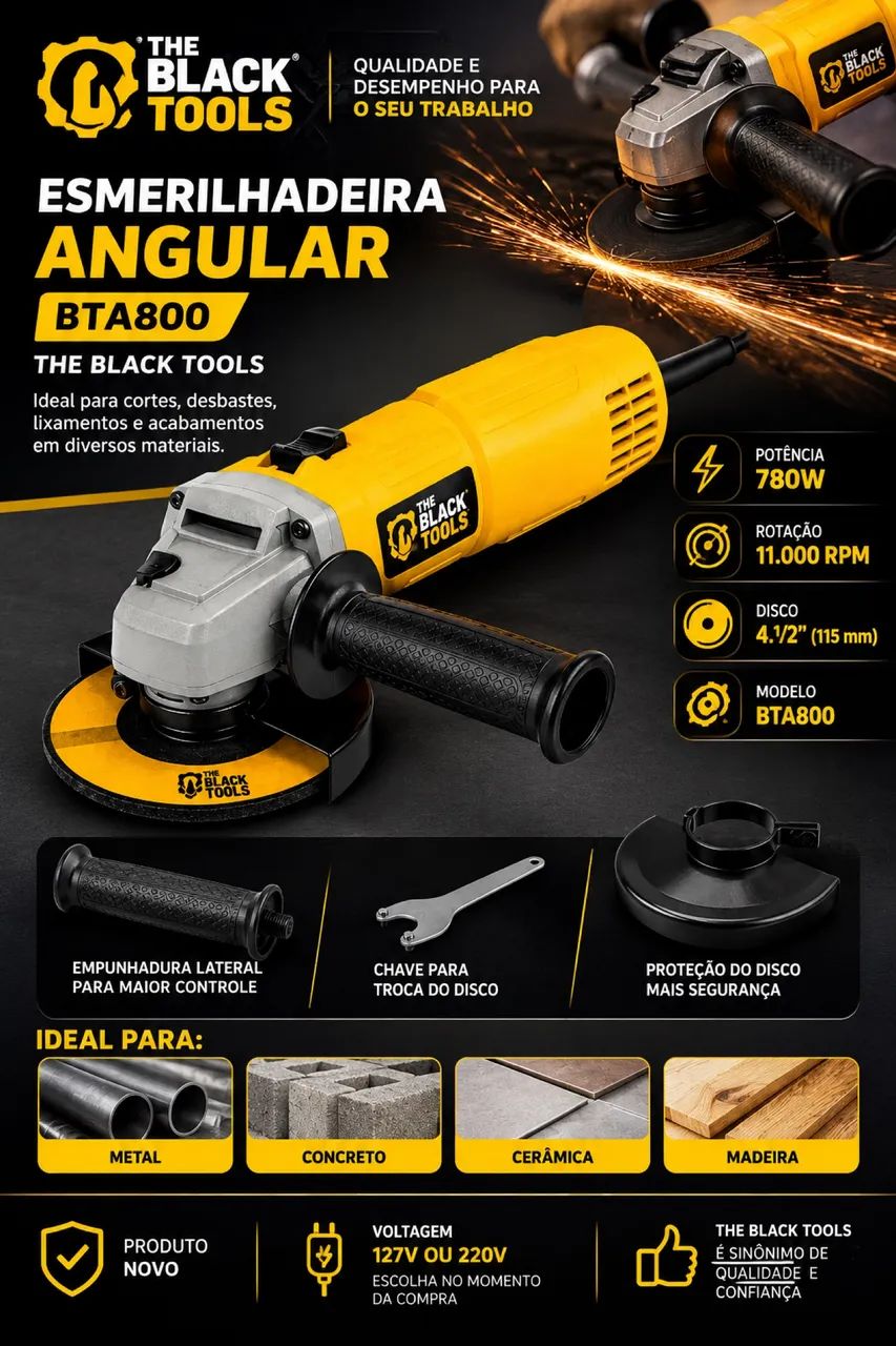 ESMERILHADEIRA ANGULAR THE BLACK TOOLS BTA800 - 780W