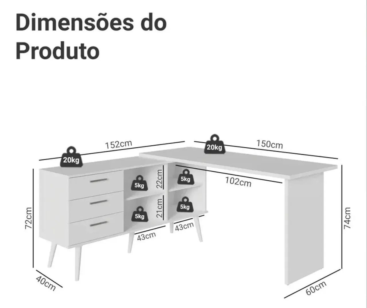 Mesa em de escritório em L grande
