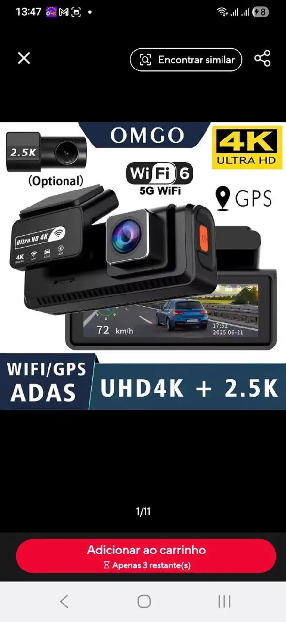 Cãmera dupla veicular 4k+2,5k com GPS
