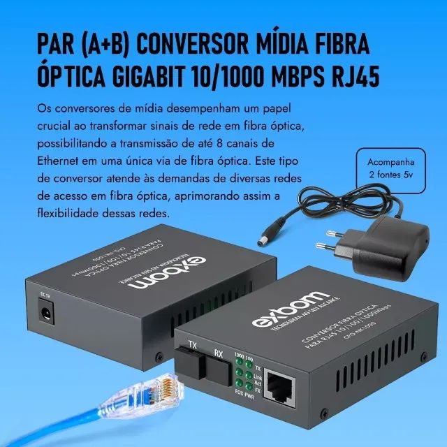 Par de Conversor Mídia Fibra Óptica A+B para RJ45 Gigabit 1000Mbps - 5 Km - Foto 3