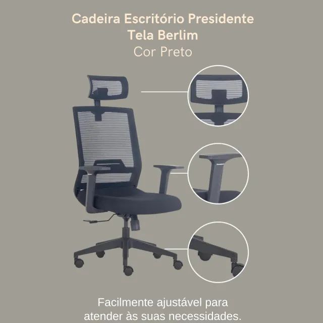 Cadeira Escritório Presidente Tela Berlim Cor Preto Conforto Ergonômico | Modelo 30050 - Foto 2