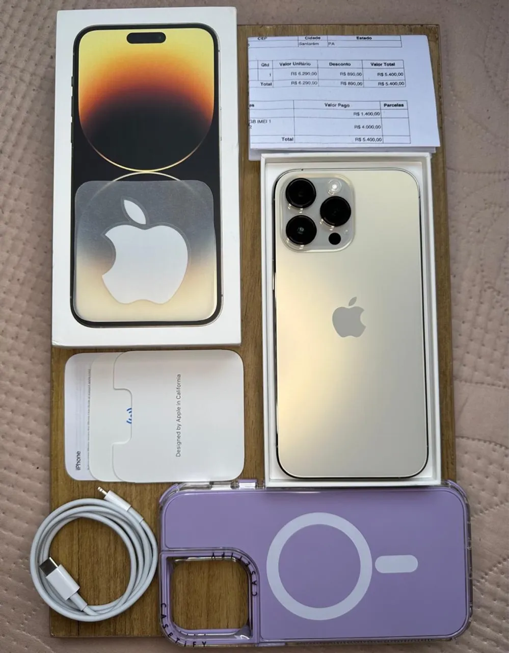 iPhone 14 Pro Max Gold 256G novo com caixa nota fiscal e acessórios, bateria 85%.