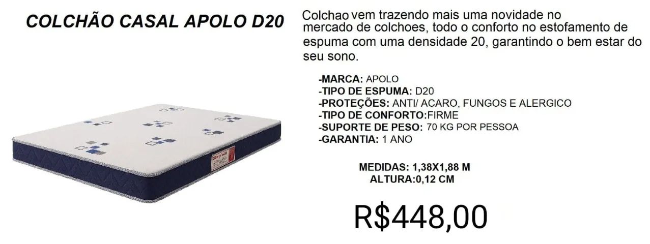 COLCHÃO CASAL APOLO ESPUMAS A PRONTA-ENTREGA 