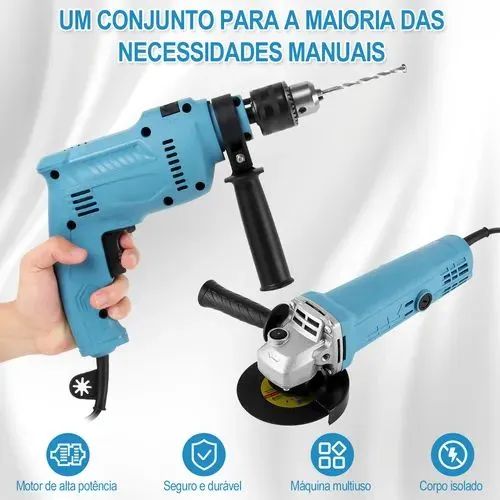 Taladro De Impacto E Esmerilhadeira Angular C/maleta Dobevi Cor Azul - Foto 2