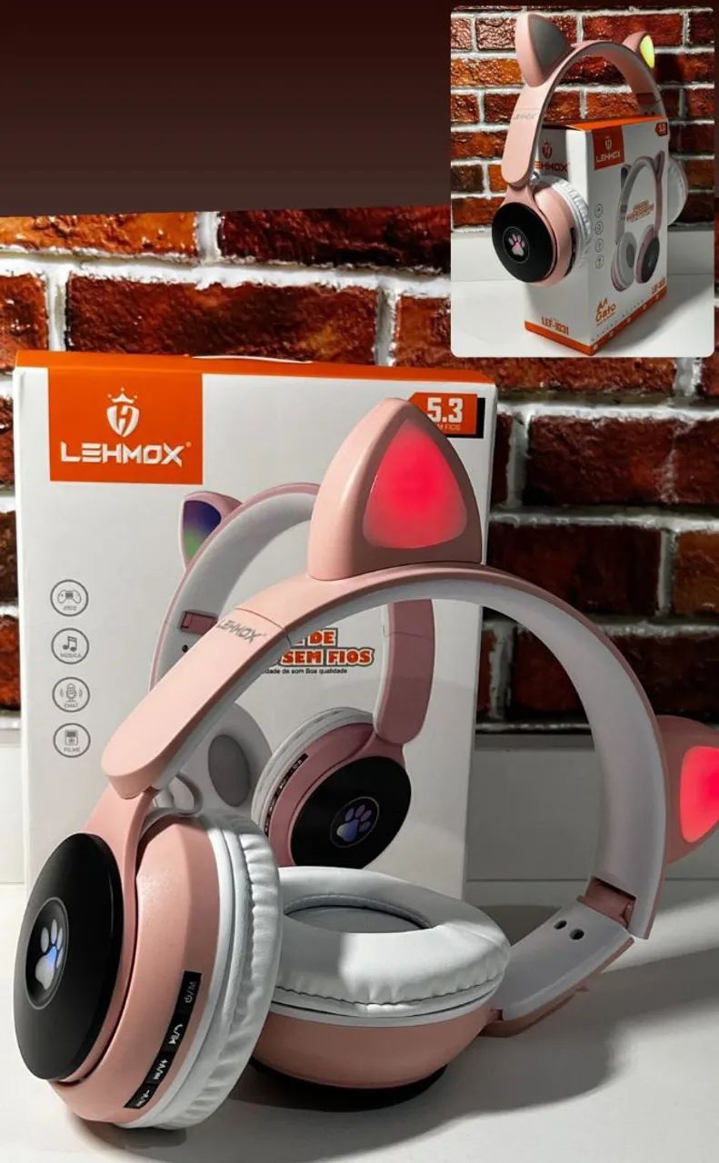 Headphone Gamer Sem Fio com Led Gatinho - LEHMOX - Novo