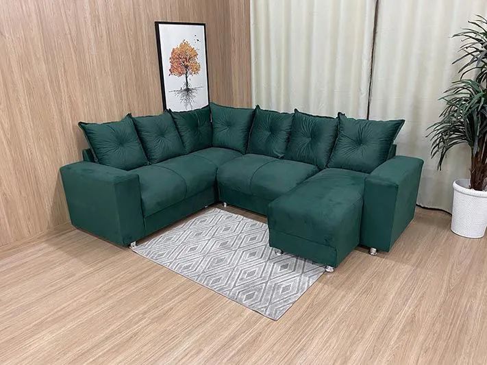 Sofá de Canto 5 Lugares com Chaise Suede Verde