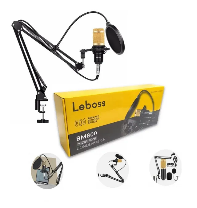 Kit Microfone Condensador Com Braço Articulado Leboss