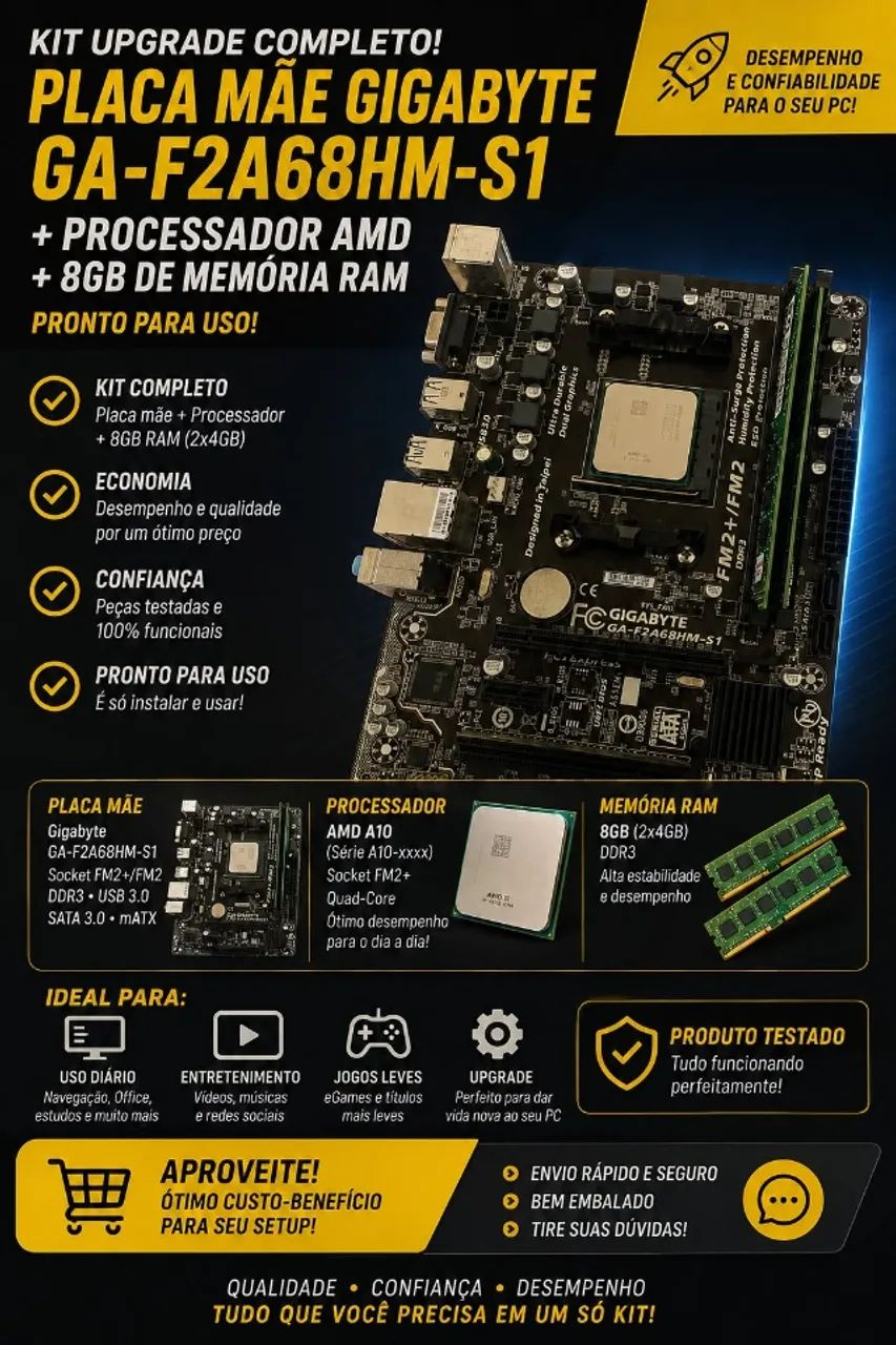 Placa mãe com processador e 2 pentes de memoria ram de 4gb cada 