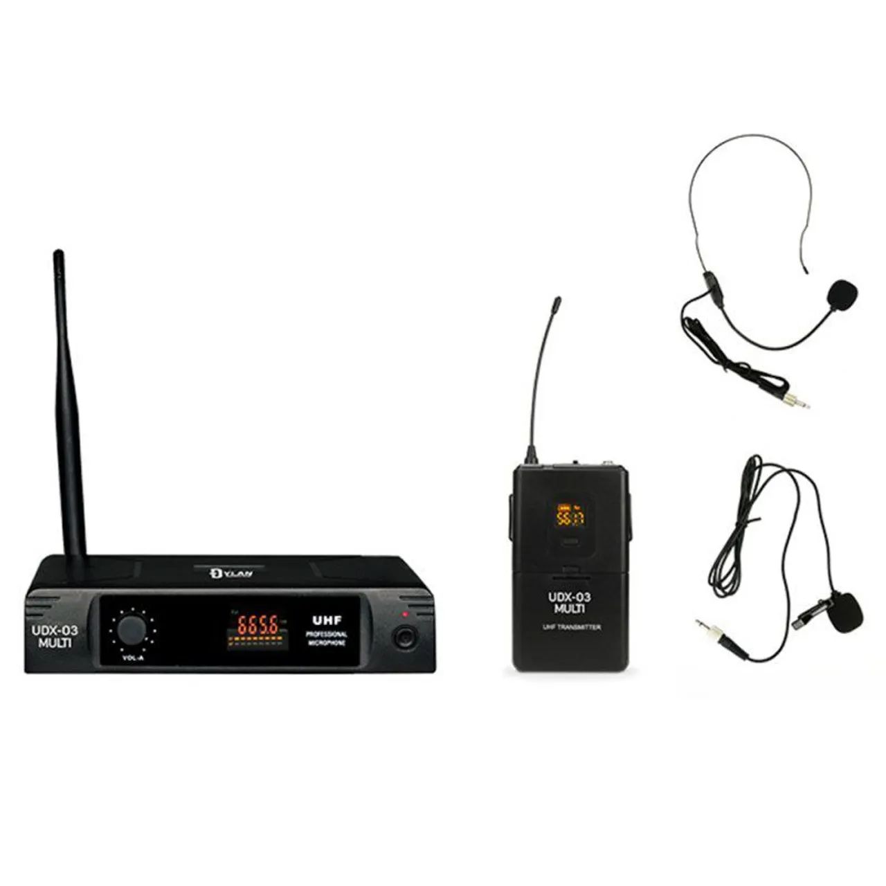 Microfone Sem Fio Dylan Udx03 Headset Lapela Uhf Cor Preto