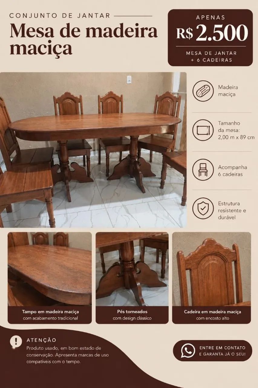 Mesa de 6 cadeiras em madeira maciça 