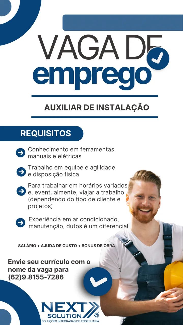 VAGA ABERTA - AUXILIAR DE INSTALAÇÃO 