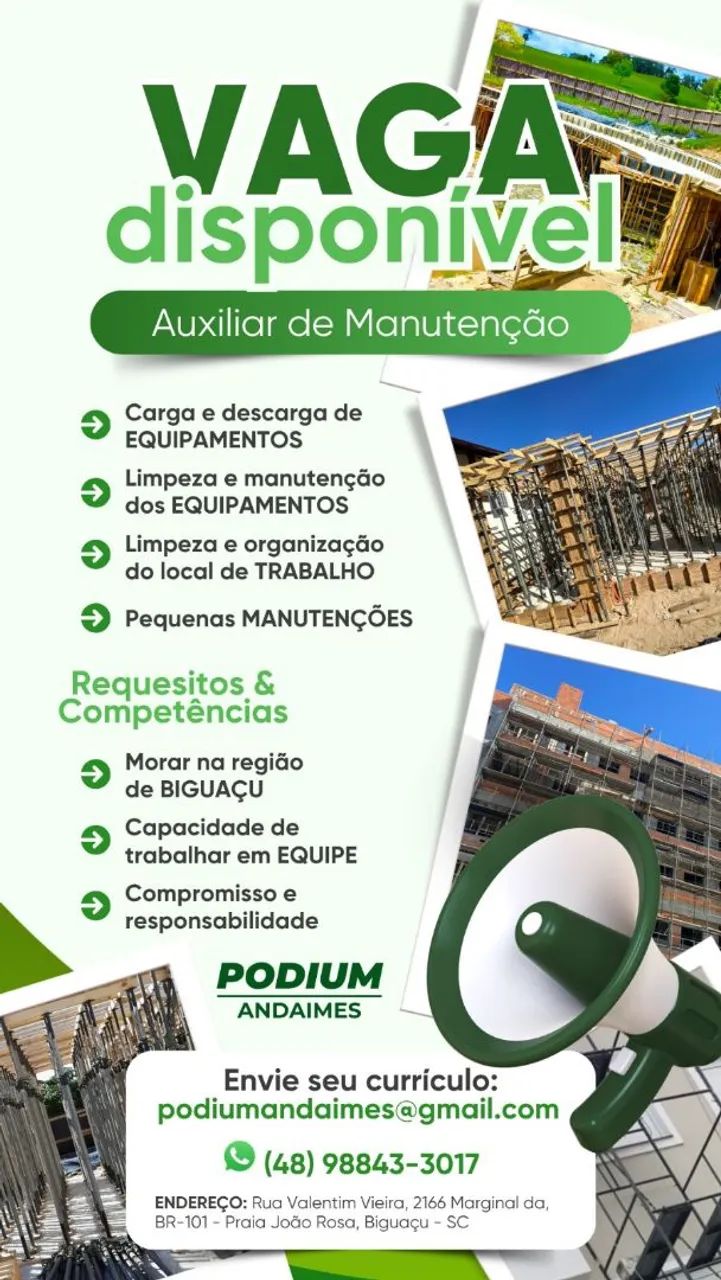 Vaga auxiliar de manutenção Biguaçu 
