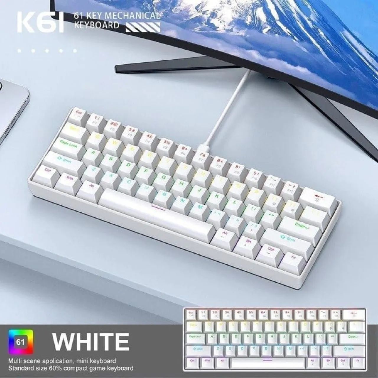 Teclado mecânico apayado k61 branco  com led 