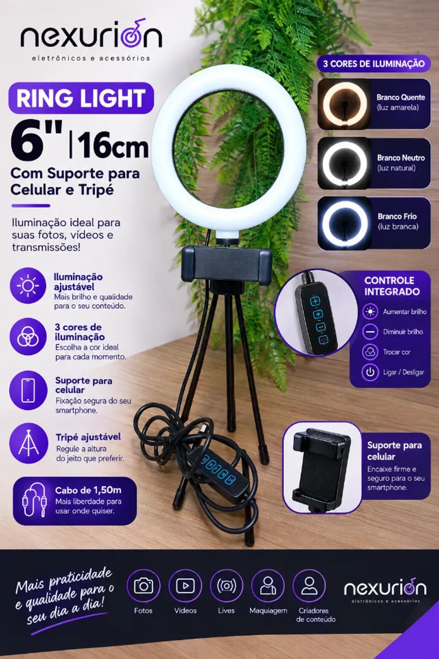 Ring Light 6 Polegadas 16cm com Suporte para Celular Tripé LED para Selfie, Vídeos, Maquia