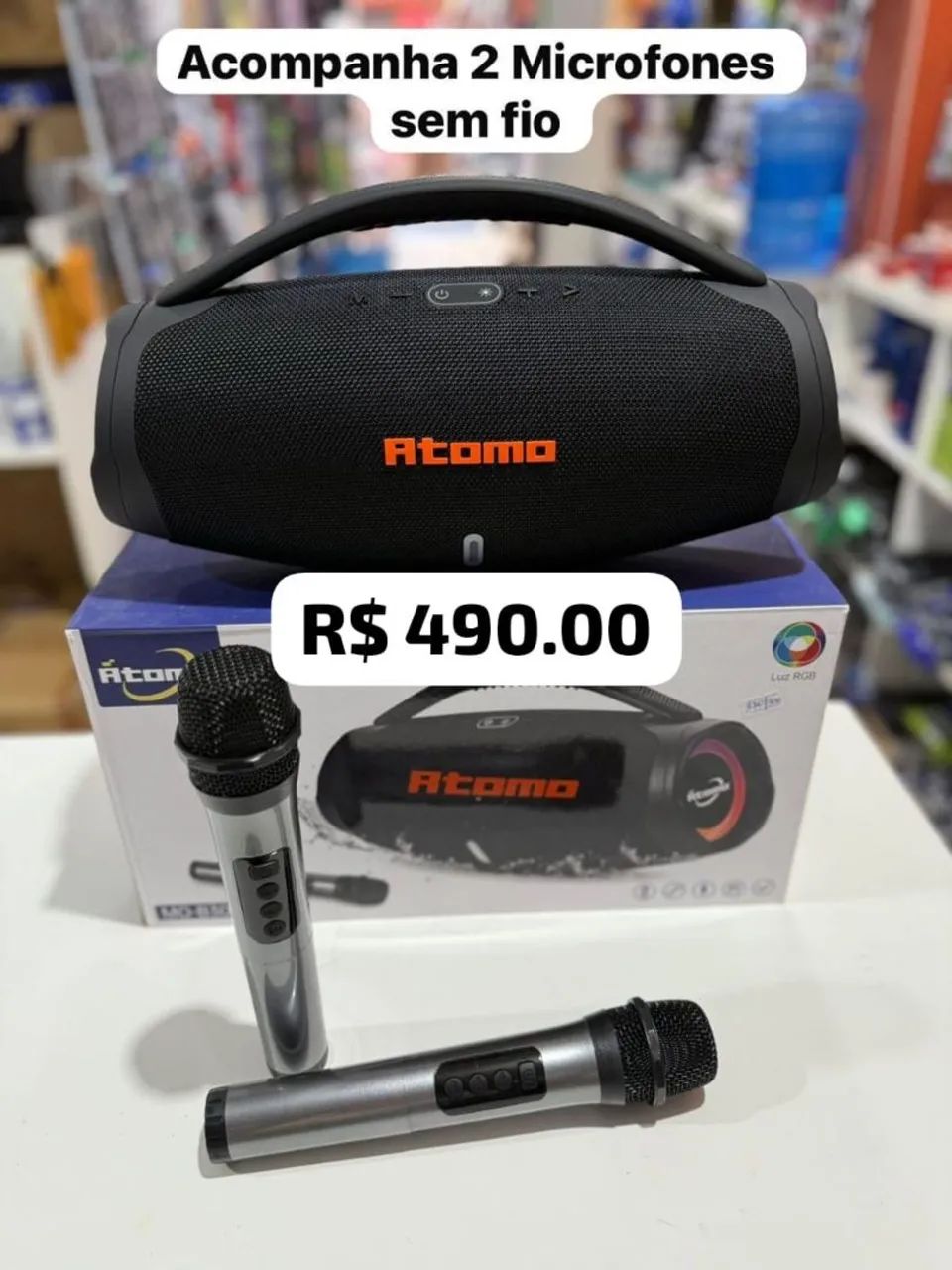 Caixa de Som Atomo com 2 microfones sem fio