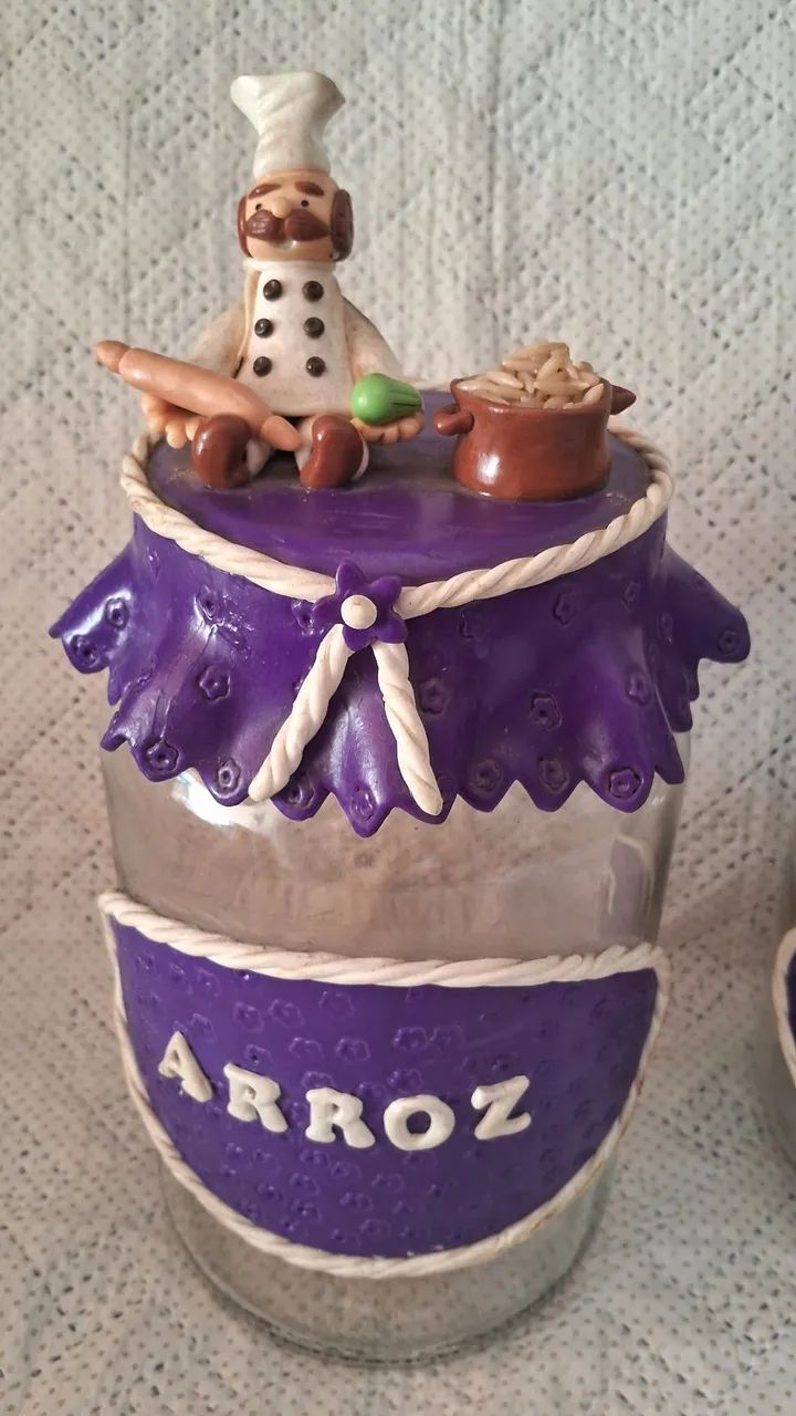 Pote de vidro  para arroz e feijão, com enfeite em massa de bisqui. - Foto 2