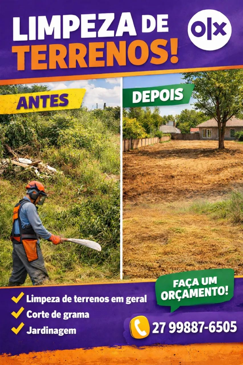 Limpeza de terrenos, chácaras, corte de grama, podas 