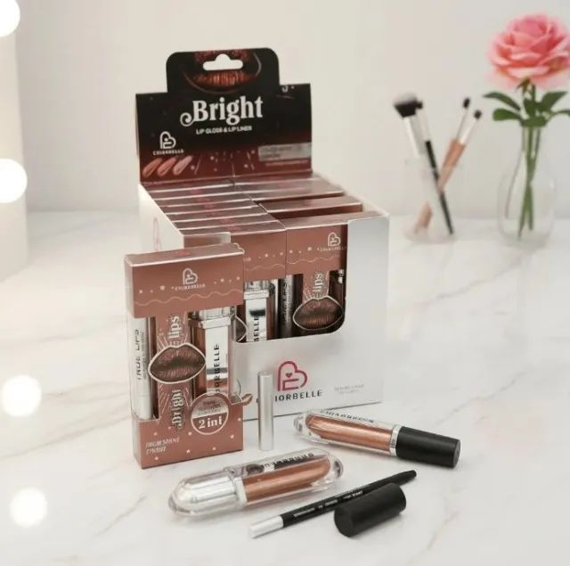Cx.12 Un. Criarbelle Bright Kit Gloss Labial E Lápis 2 Em 1