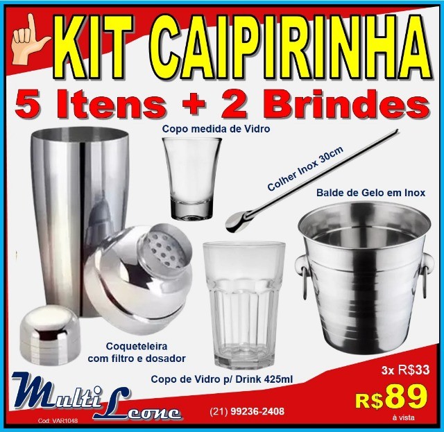 Kit Caipirinha Drink com 5 itens + 2 brindes - Coqueteleira, Balde, Colher, 2 Copos