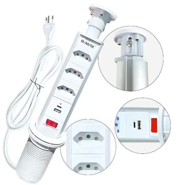 Torre de Tomada Retrátil 3 Tomadas com Entradas USB e Tipo C (branco)