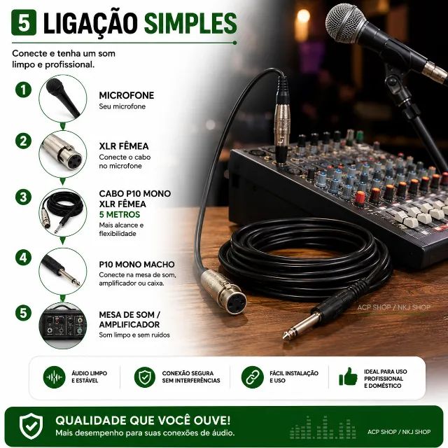 Cabo Para Microfone 5 Metros Xlr p10 Mono  - Foto 2