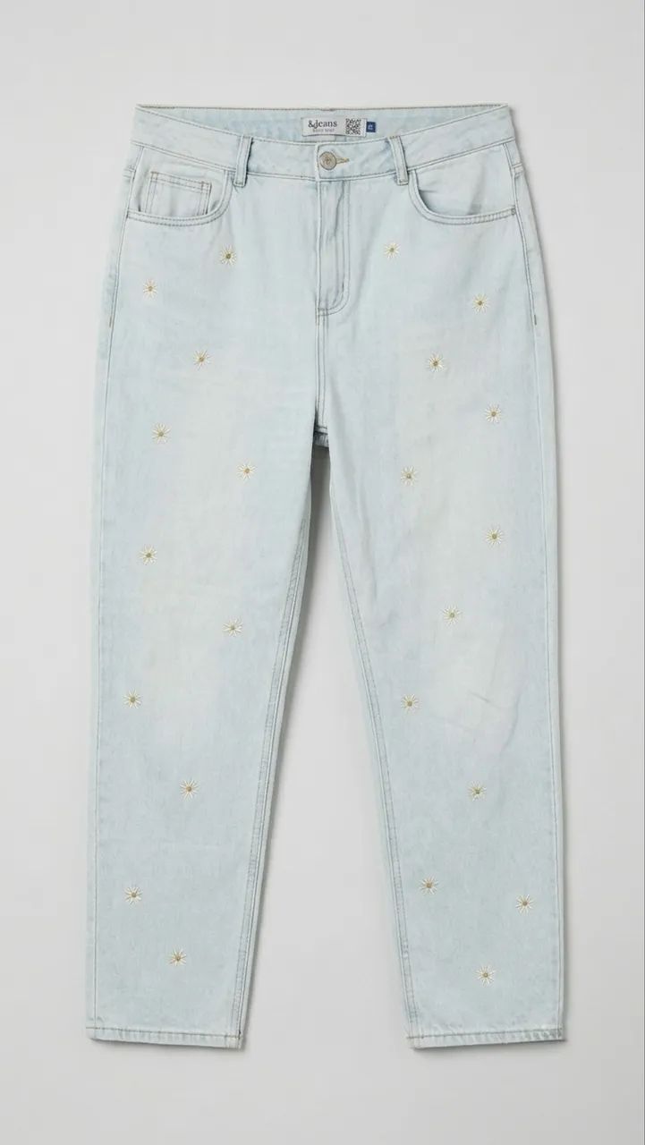     Calça Jeans Off-White Bordada com Flores Margaridas
